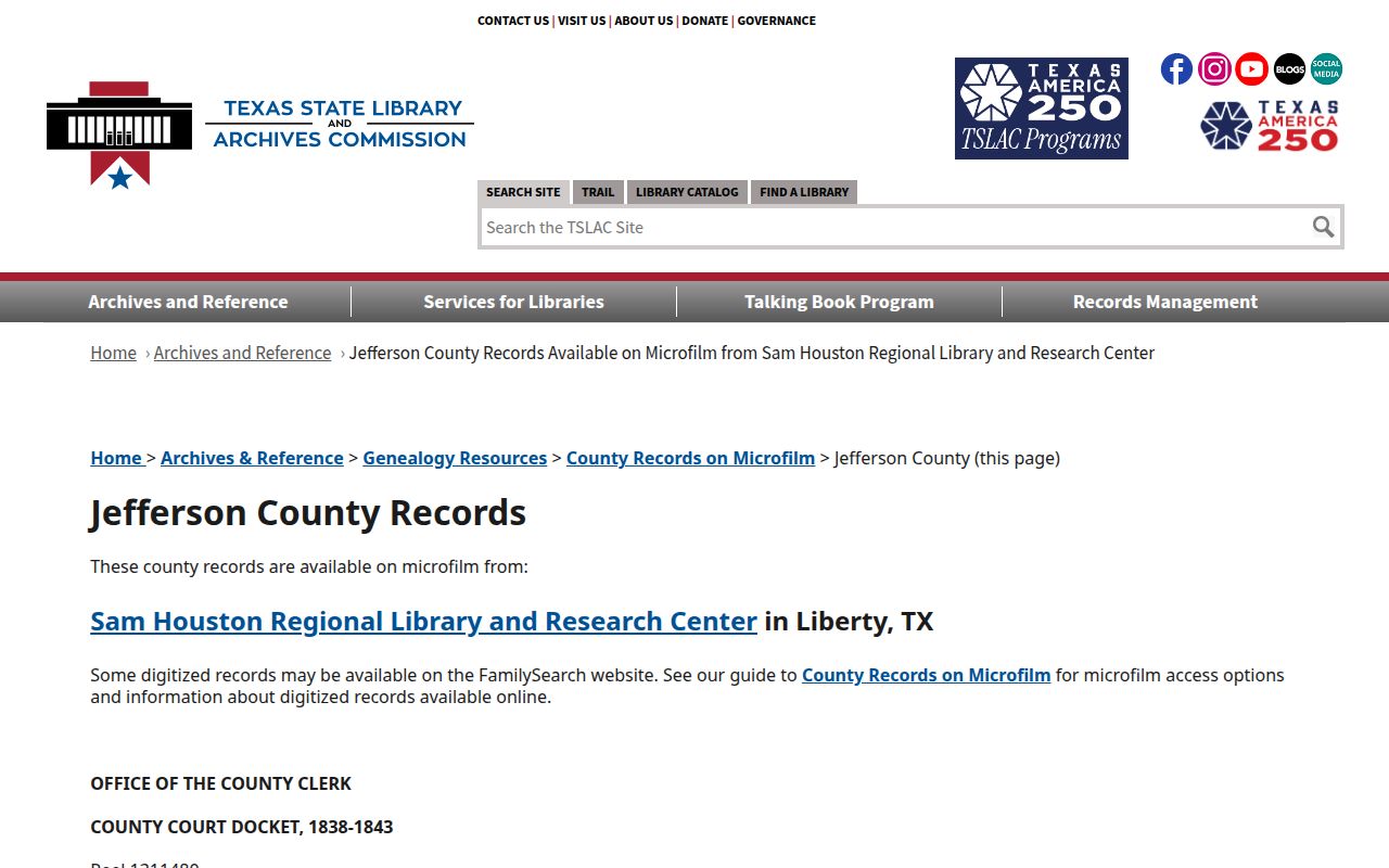 Jefferson previous residents deed microfilm guide at Sam Houston Center