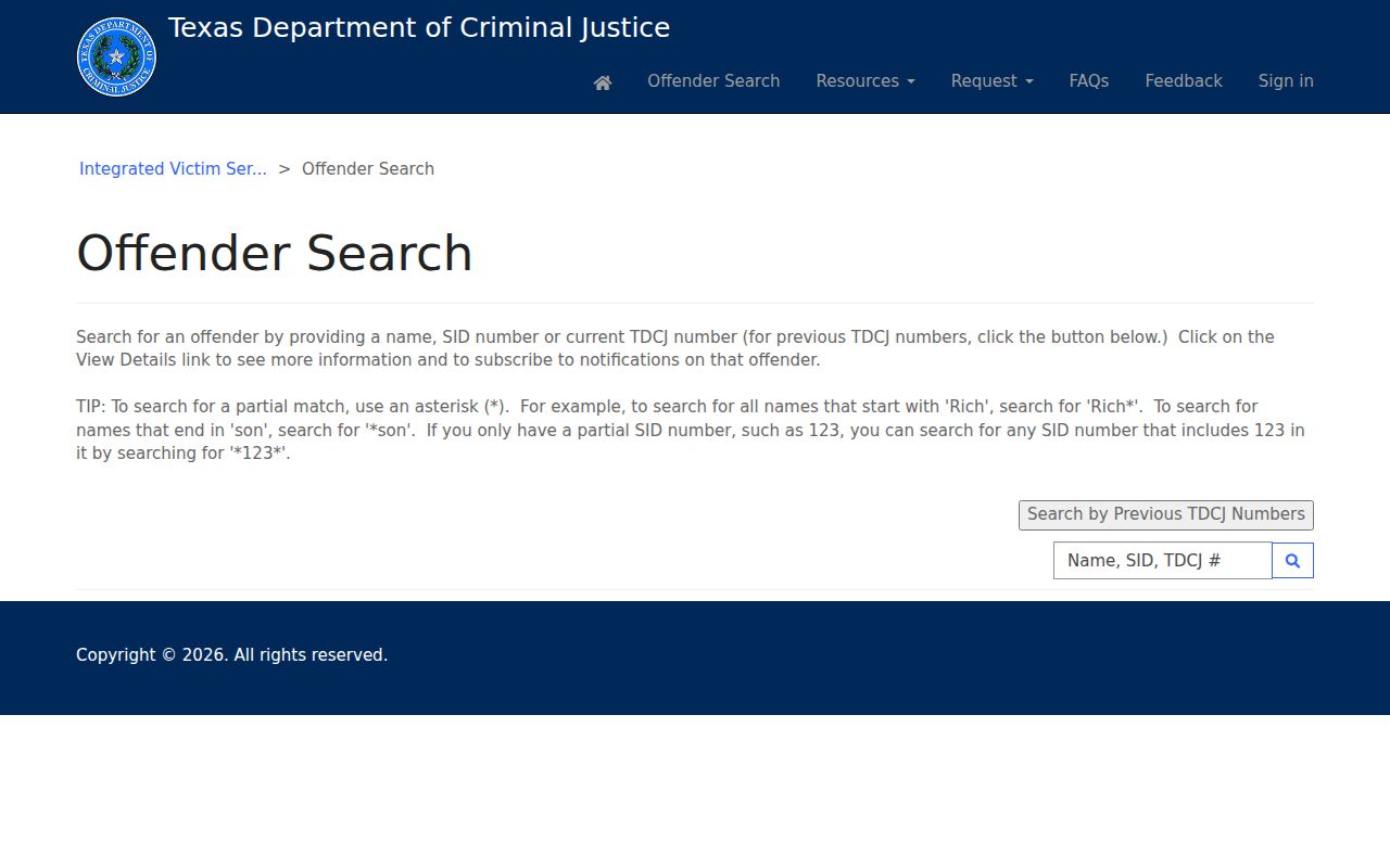 Jefferson resident lookup follow-up showing the separate Texas TDCJ offender search